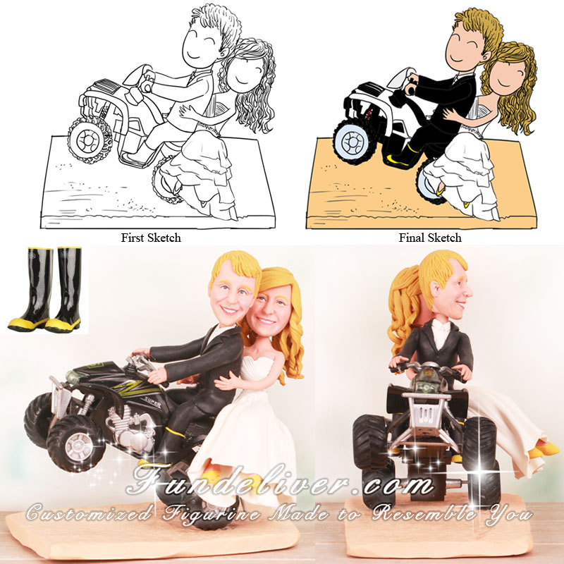 Bride and Groom Riding ATV Doing Wheelie Cake Toppers